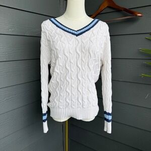 American Eagle Cricket Sweater Womens XS Cable Knit Stripe V-Neck Old Money Prep
